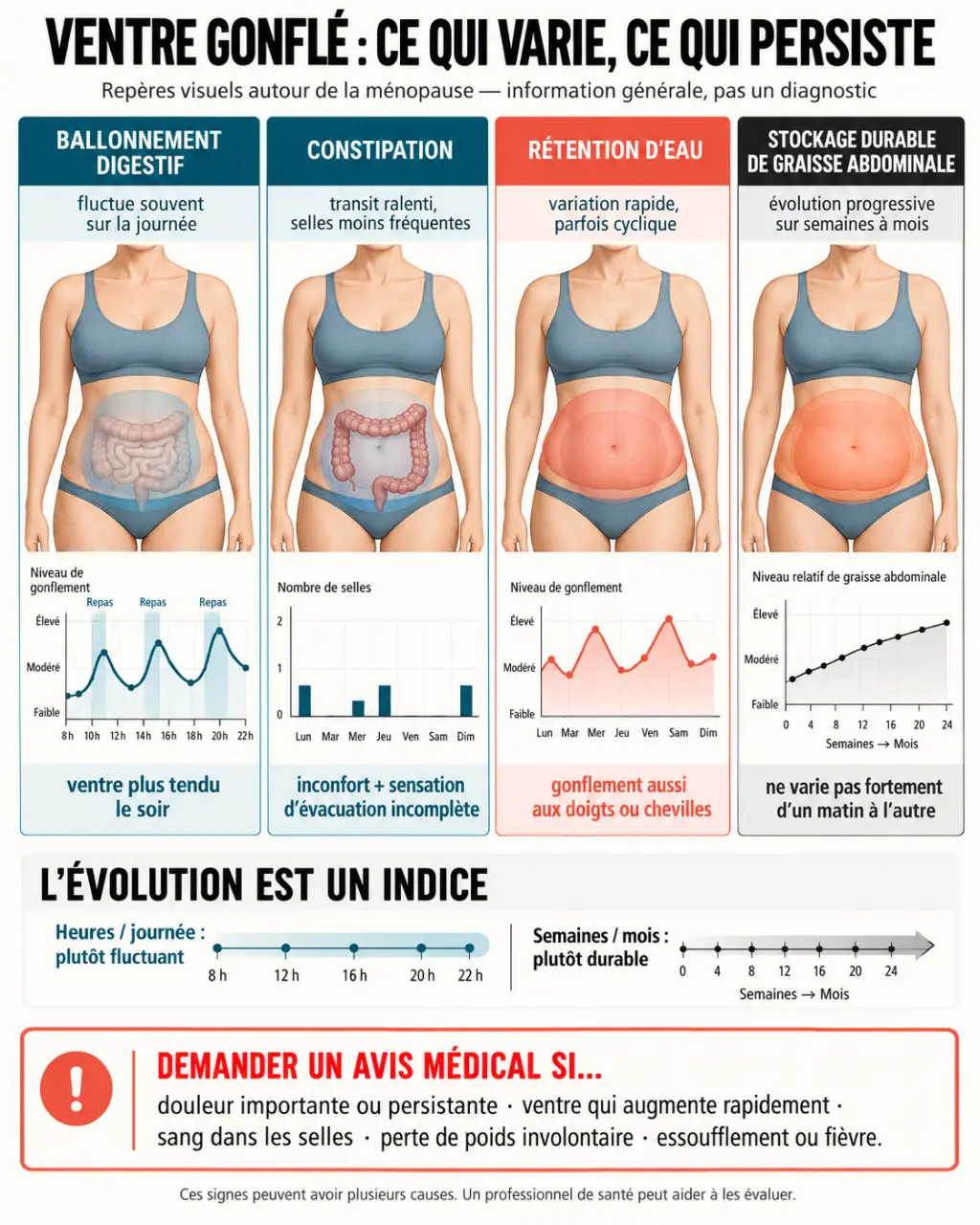 Ventre gonflé ménopause : distinguer ballonnement, constipation, rétention d’eau et graisse abdominale