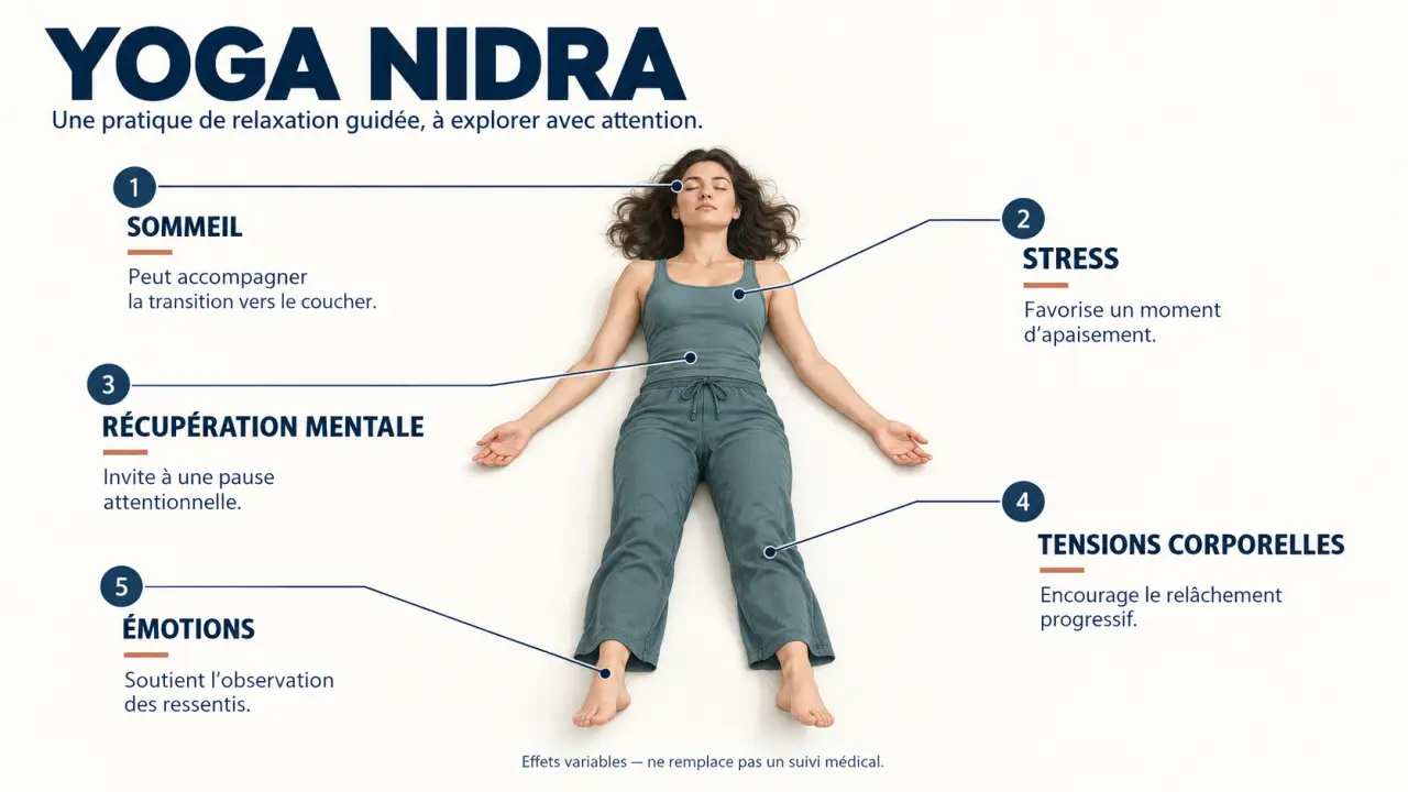 Infographie sur les bienfaits du yoga nidra pour le sommeil, le stress et la récupération