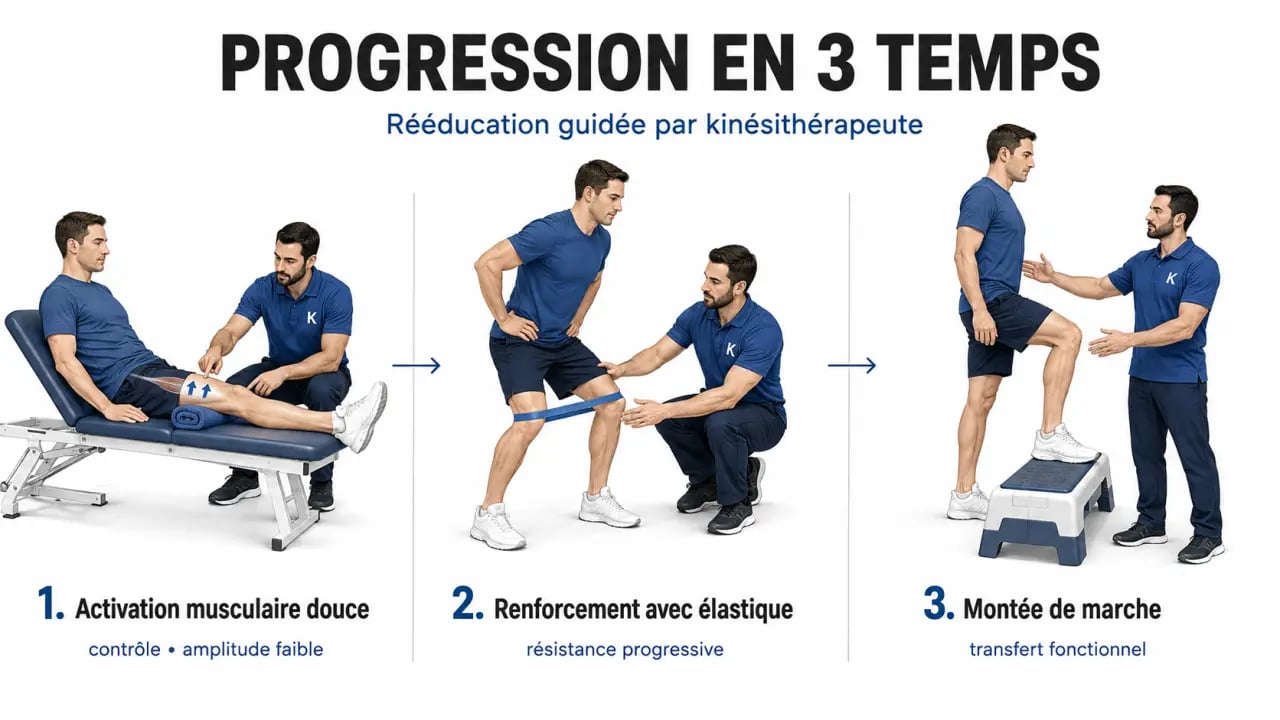 Renforcement musculaire kinésithérapie : progression d’exercices de rééducation guidée par un kinésithérapeute
