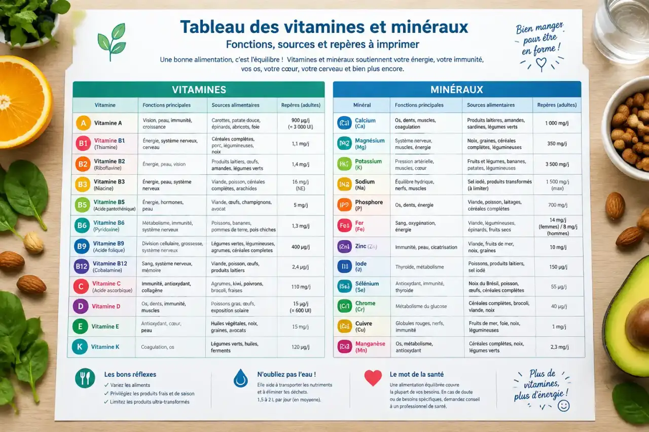 Tableau des vitamines et minéraux PDF : fonctions, sources et repères à imprimer