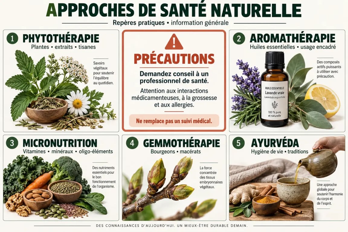 Infographie des principales approches de sante naturelle et de leurs précautions