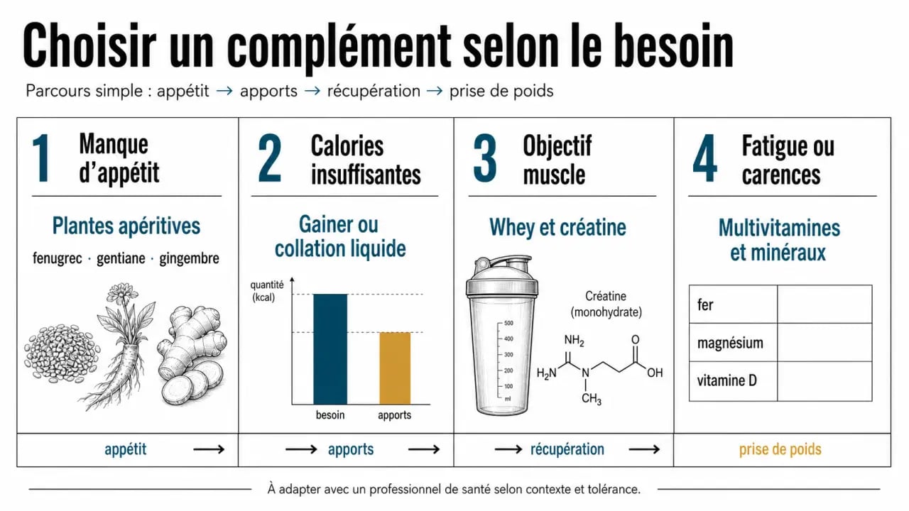 Compléments alimentaires pour grossir : schéma comparatif des gainers, whey, créatine et plantes apéritives