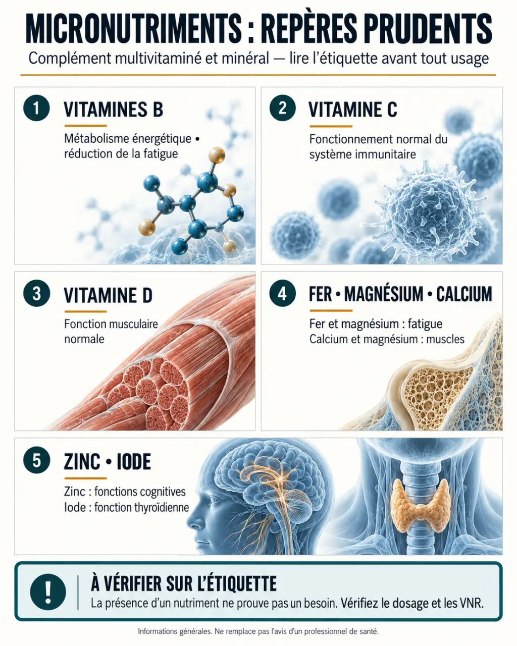 Infographie Juvamine 12 vitamines 9 minéraux : rôles des nutriments et importance des dosages