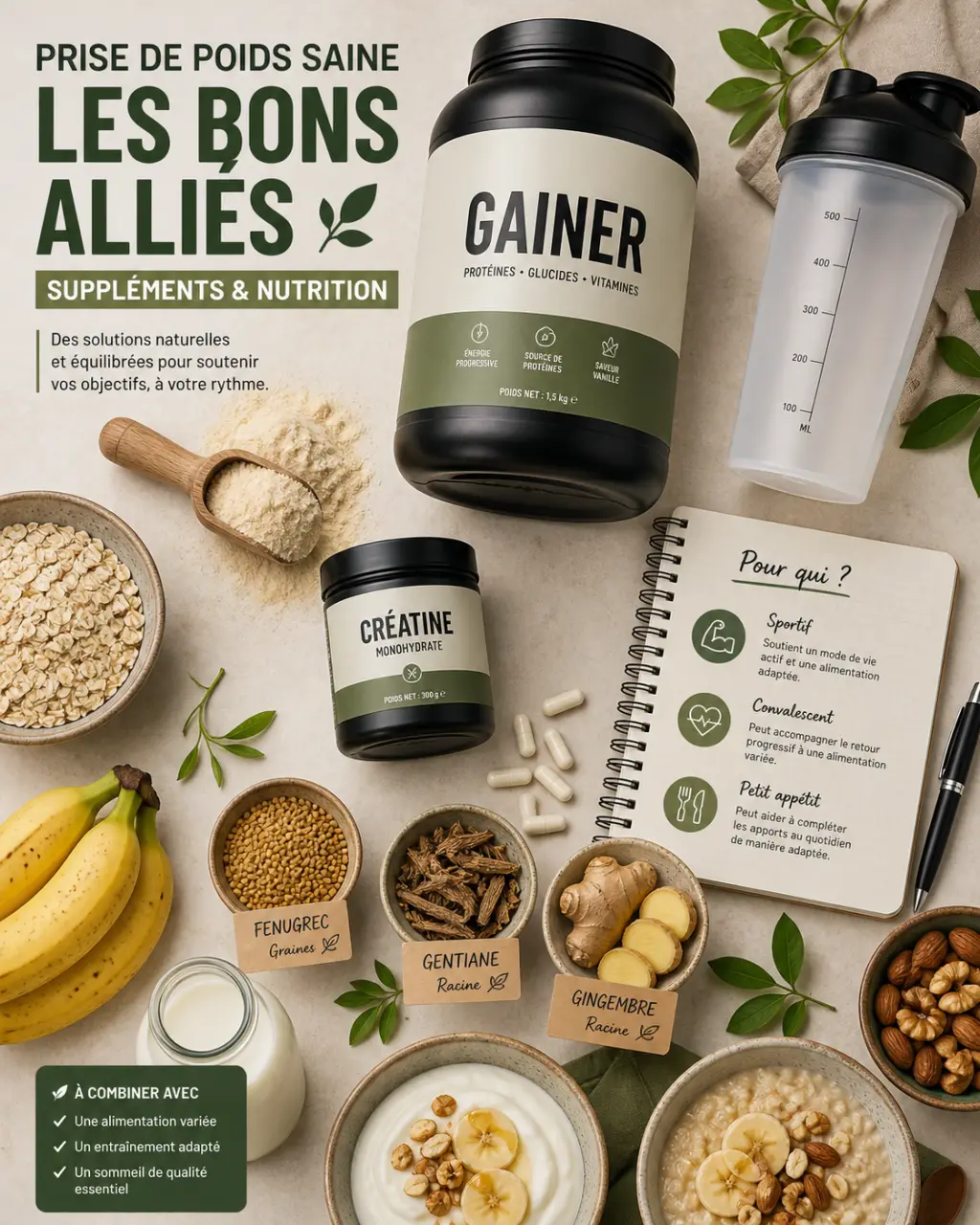 Compléments alimentaires pour grossir : gainer, créatine ou plantes apéritives, le bon choix selon votre profil