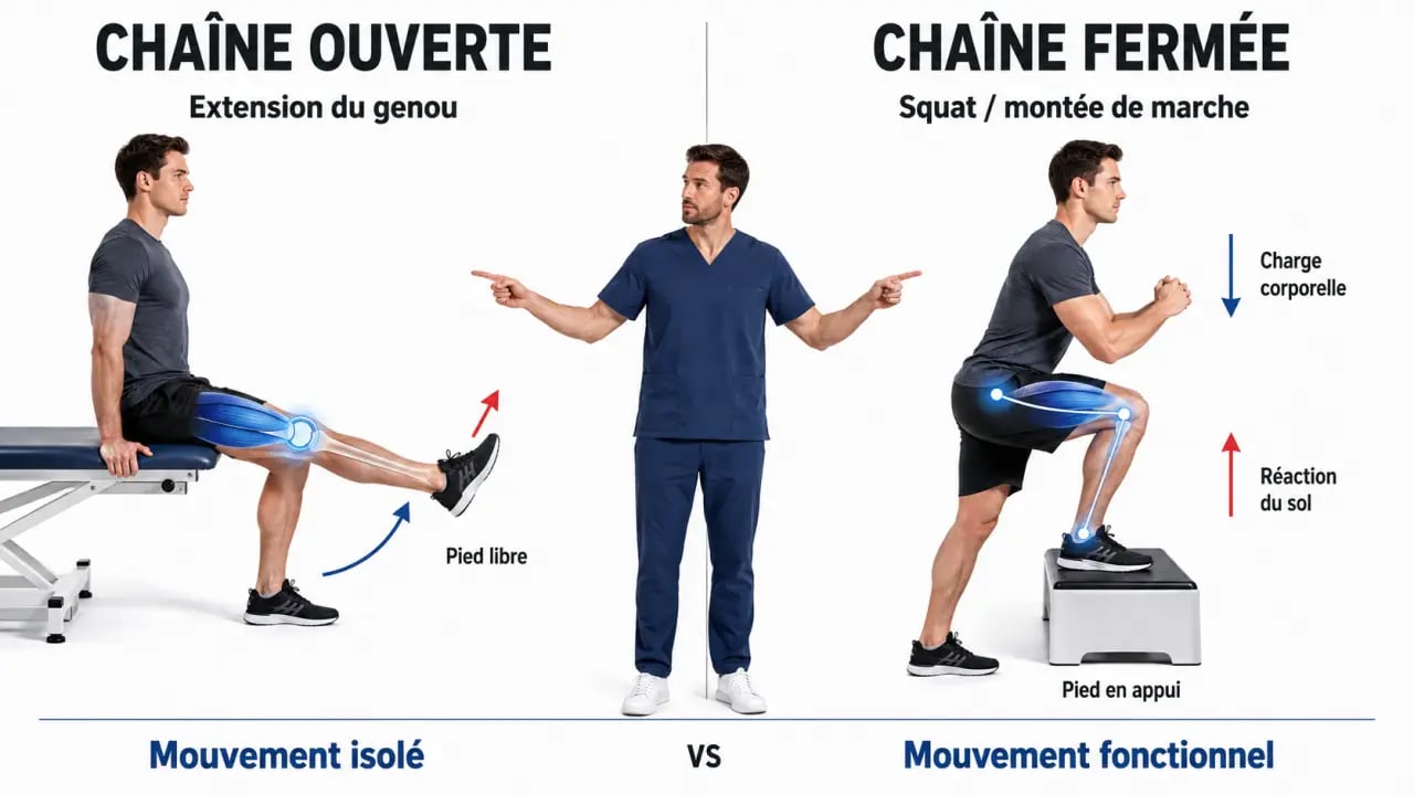 Renforcement musculaire kinésithérapie : comparaison entre chaîne ouverte et chaîne fermée en rééducation