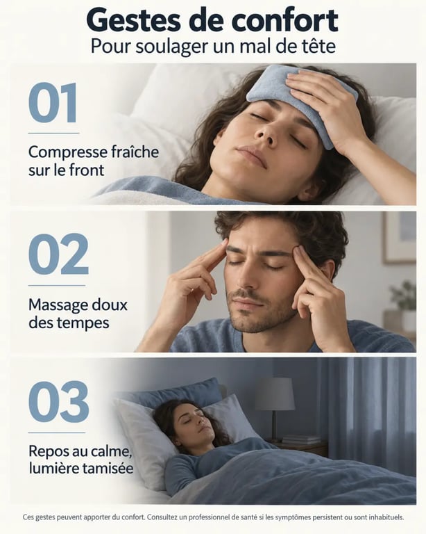 Remède mal de tête grand-mère : compresse fraîche, massage des tempes et repos au calme