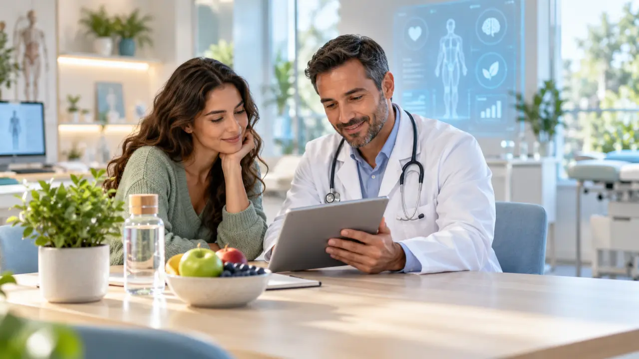 Professionnel de santé présentant les résultats d'un bilan préventif sur une tablette