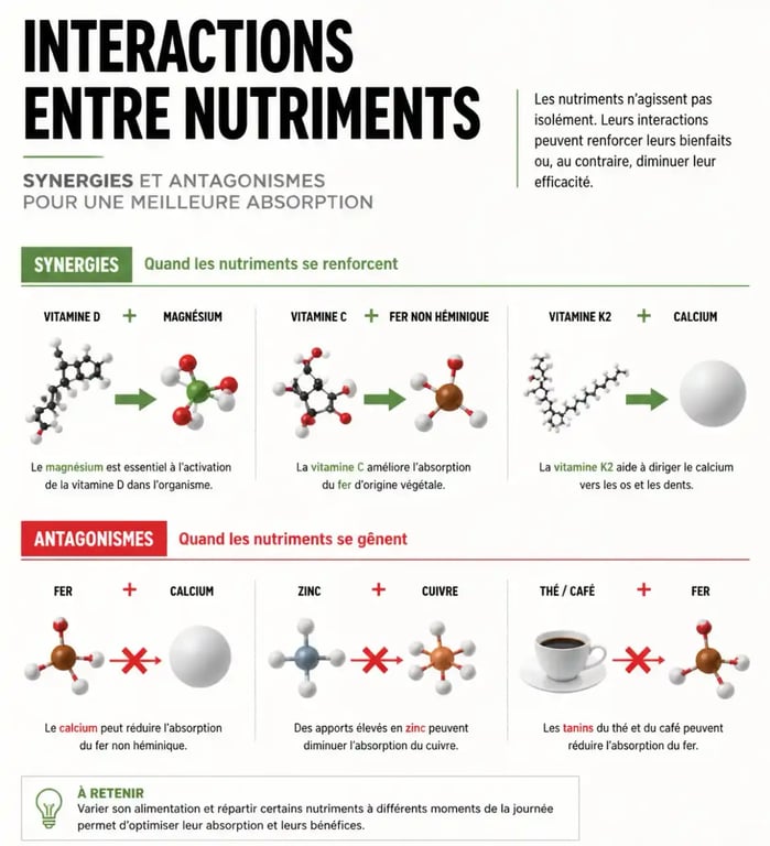 Infographie sur les synergies et antagonismes des compléments alimentaires femme