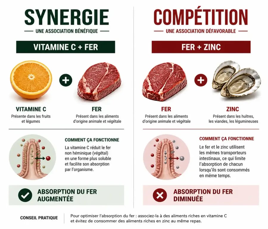 Infographie sur les interactions entre compléments alimentaires : synergie et compétition