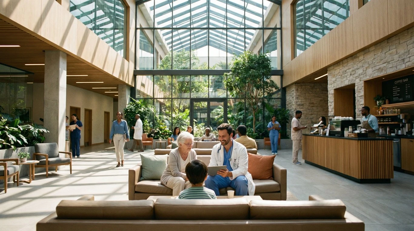 Hall d'accueil lumineux de la clinique Santé Néo avec personnel accueillant