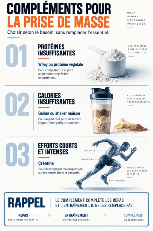 Infographie sur le complément pour prise de masse selon le besoin en protéines, calories ou créatine