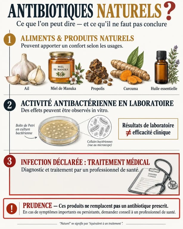 Infographie sur les antibiotique naturels et leurs limites face à une infection bactérienne