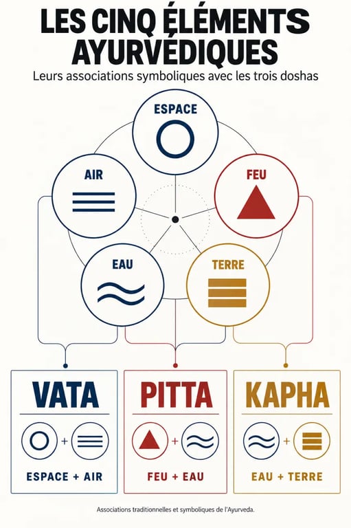 Infographie des doshas Vata Pitta et Kapha et des cinq éléments de l’Ayurvéda