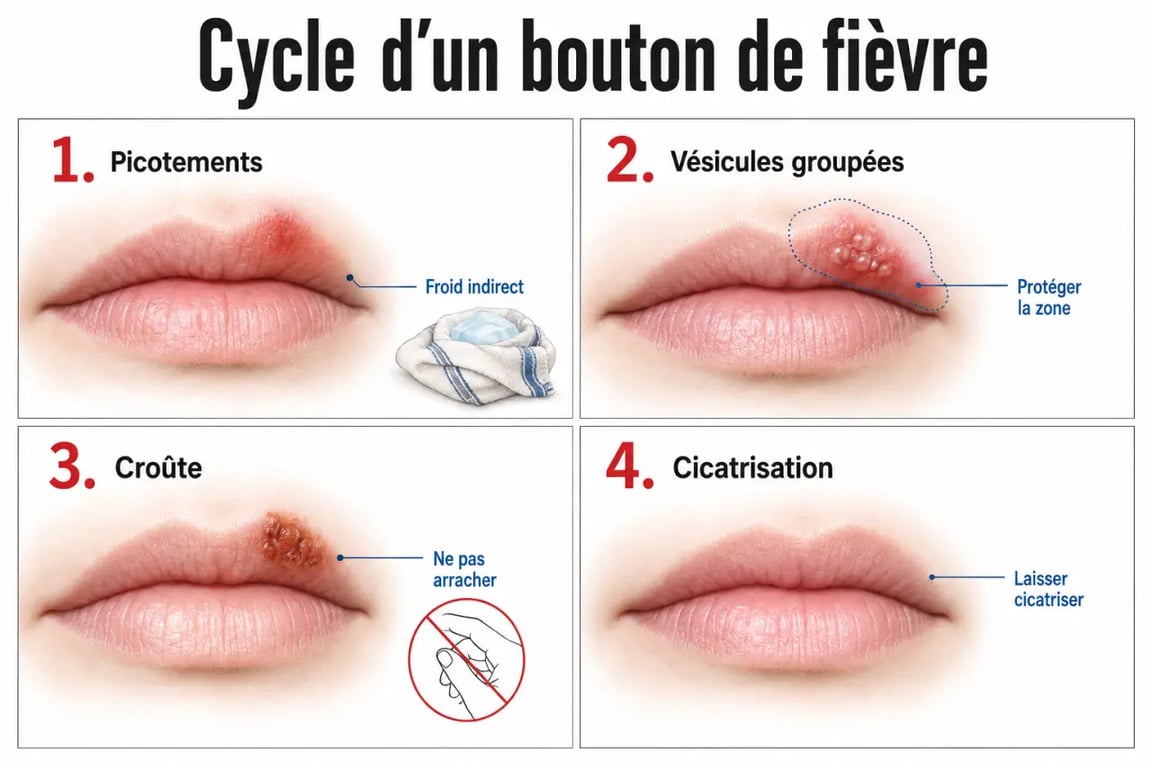 Bouton de fievre remede maison : schéma des étapes du picotement à la croûte