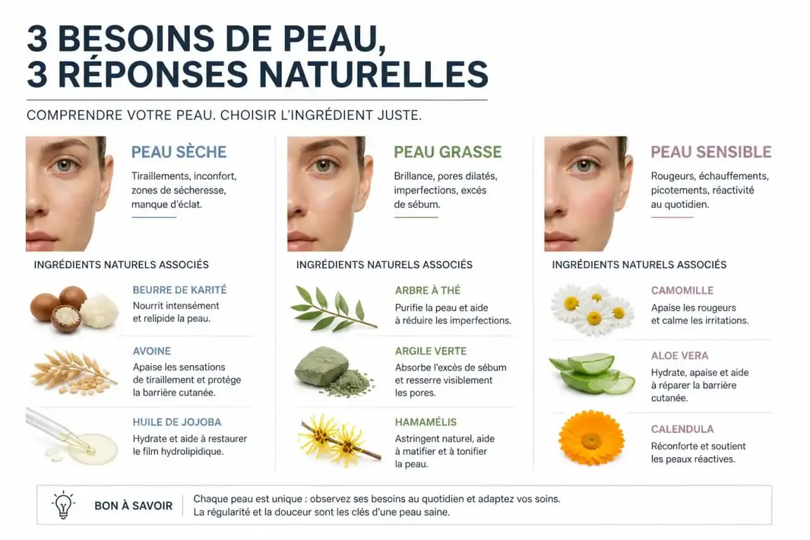 Soin pour visage naturel : tableau visuel des ingrédients selon le type de peau