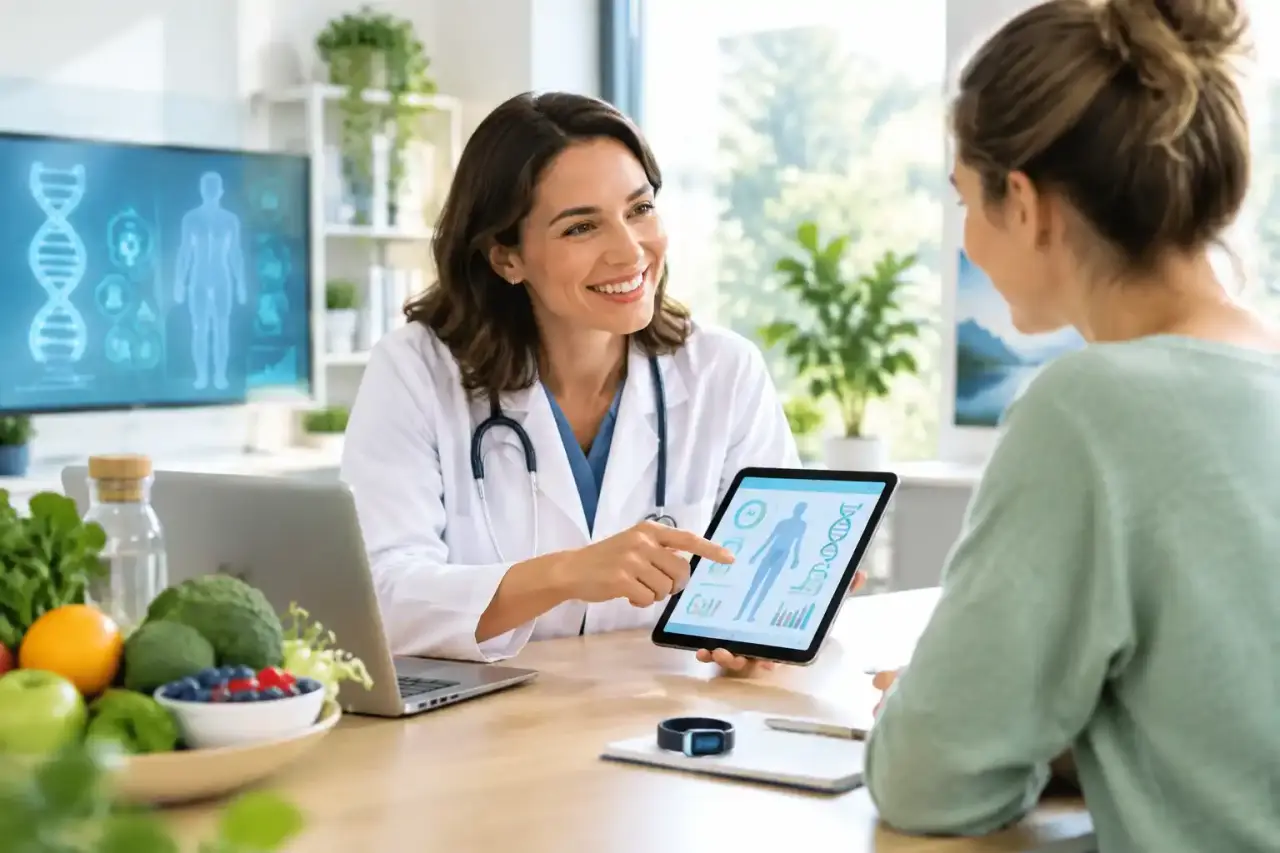 Professionnelle de santé analysant des données dans un environnement médical moderne