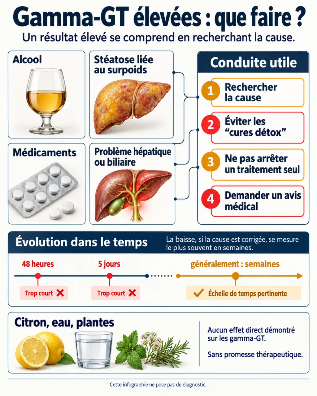 Infographie sur un remède de grand-mère pour faire baisser les gamma-GT, les causes possibles et les délais réalistes