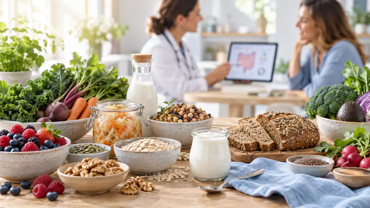 Bol de yaourt nature accompagné de fruits, de graines et d'aliments riches en fibres