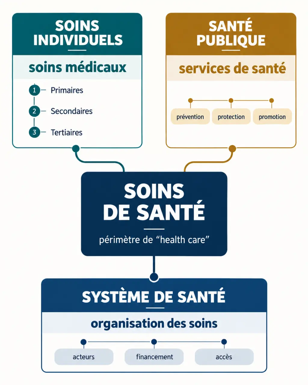 Infographie en français expliquant le périmètre de health care et les niveaux de soins