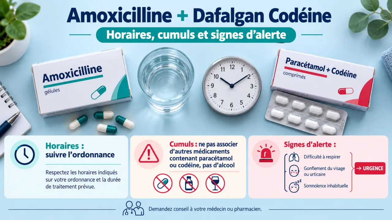 Peut-on prendre amoxicilline et Dafalgan Codéine ? Horaires, cumuls et signes d’alerte
