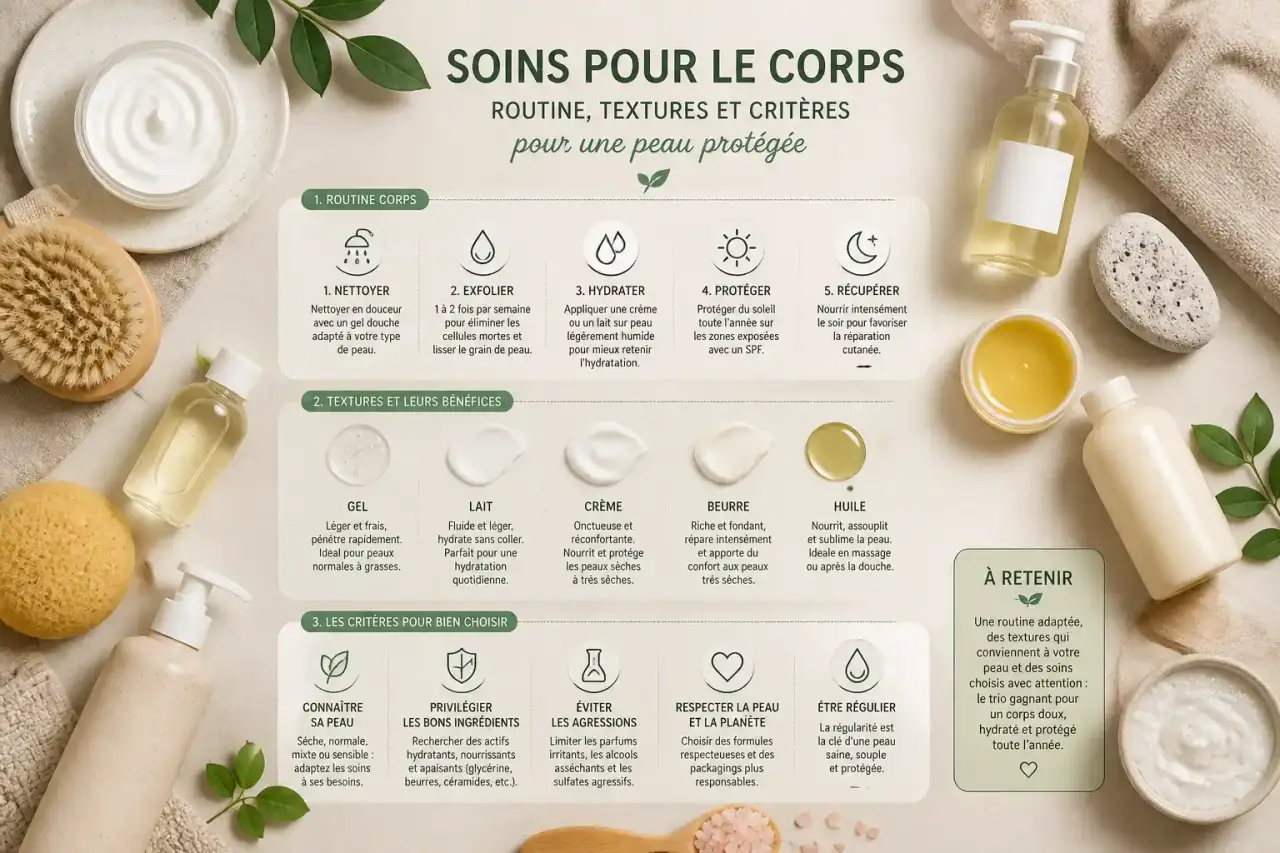 Soins pour le corps : routine, textures et critères pour une peau protégée