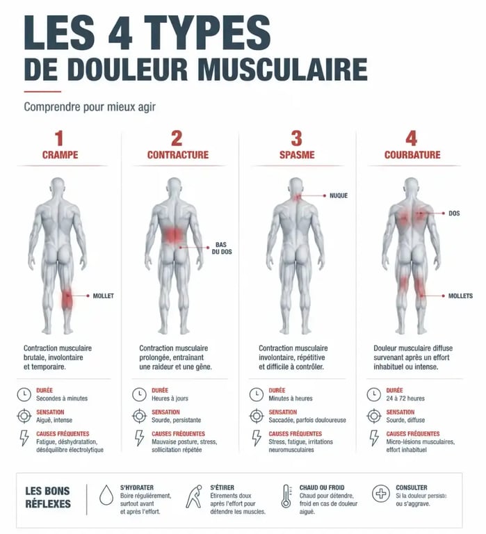 Schéma des différents types de douleurs musculaires pour choisir le bon médicament contre les douleurs musculaires