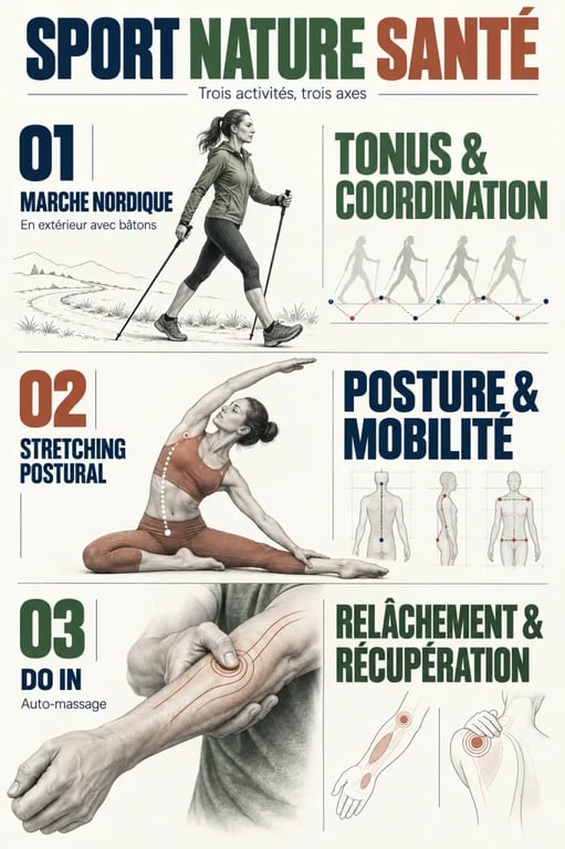 Infographie sport nature santé comparant la marche nordique, le stretching postural et le Do In