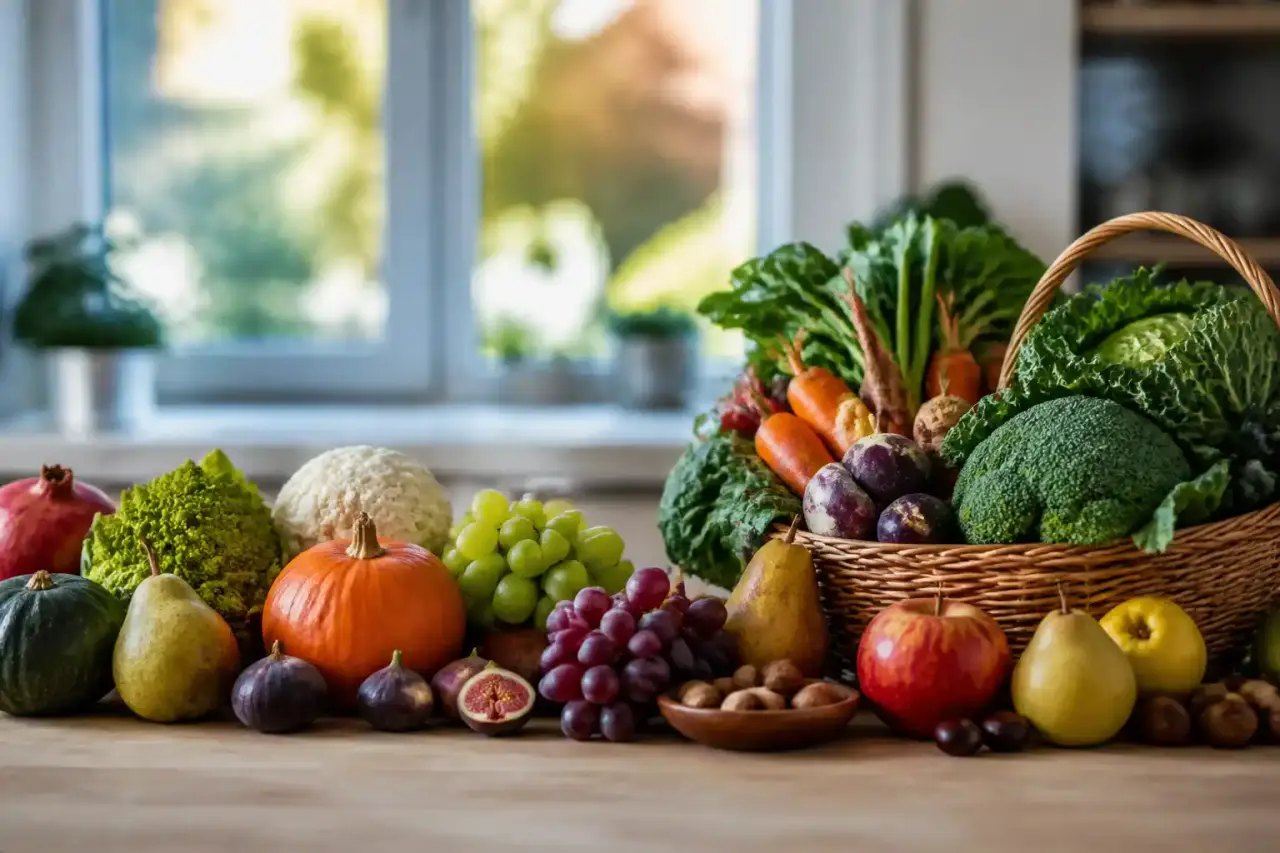 Famille préparant un repas sain avec des aliments de saison dans une cuisine lumineuse