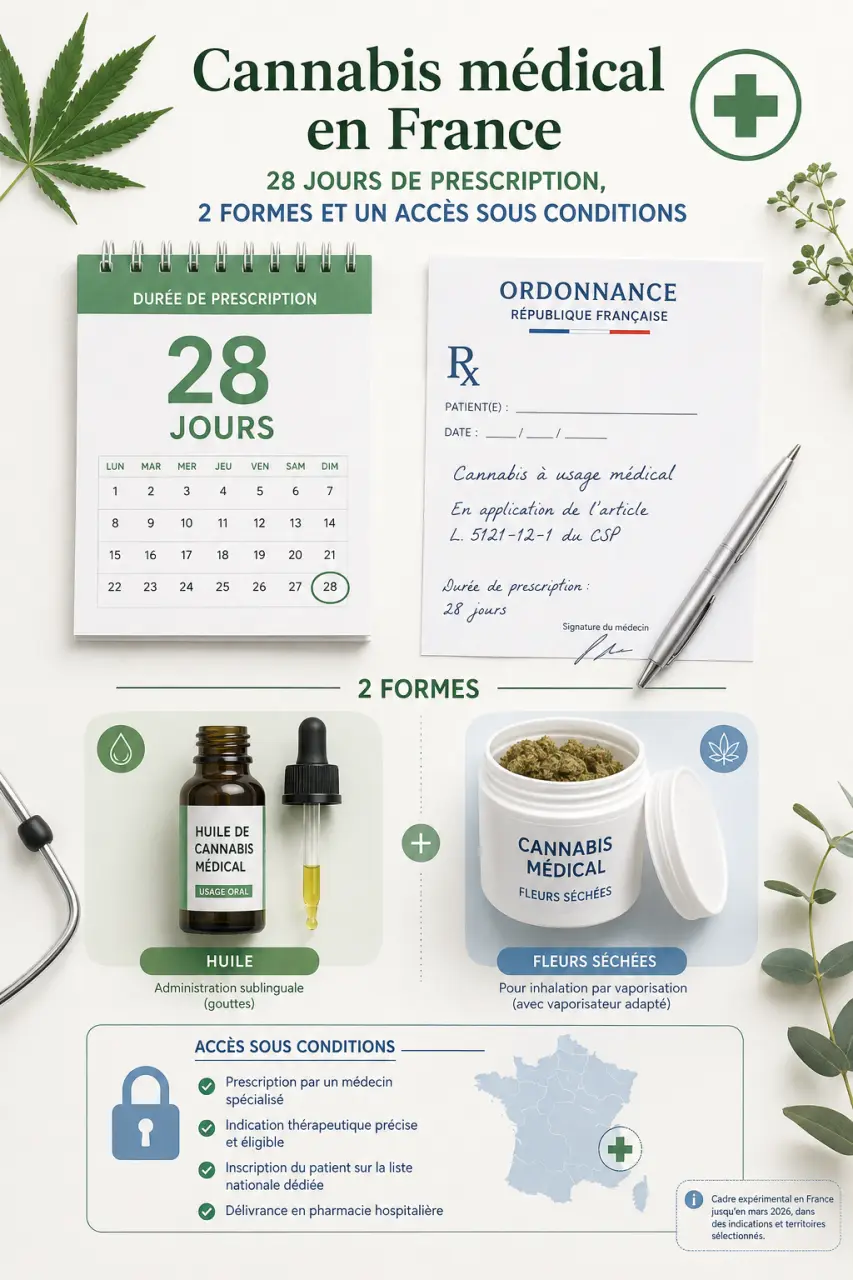Cannabis médical en France : 28 jours de prescription, 2 formes et un accès sous conditions