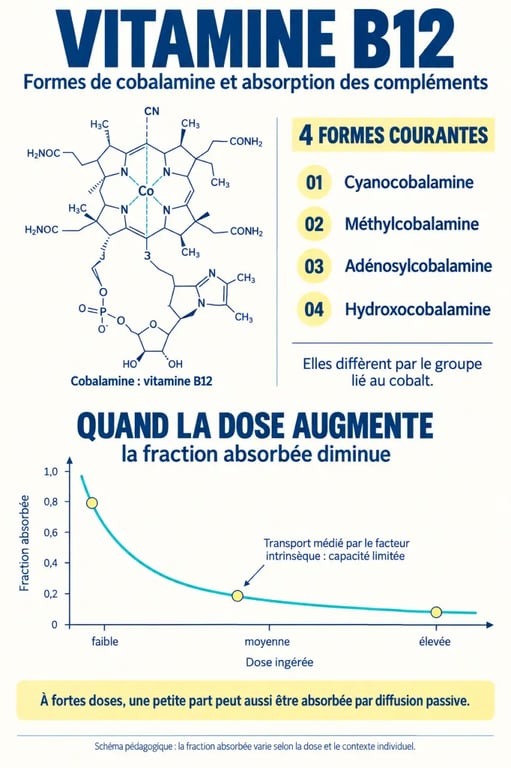 Infographie sur la vitamine B12 et les compléments alimentaires : formes, absorption et usages