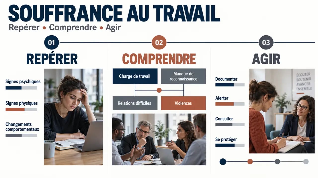 Infographie éditoriale sur la souffrance au travail, ses signes, ses causes et les étapes pour demander de l'aide