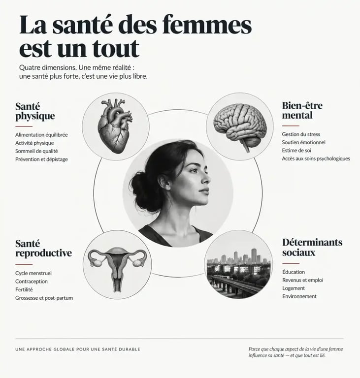 Schéma conceptuel illustrant l'écosystème de la santé des femmes et ses multiples dimensions