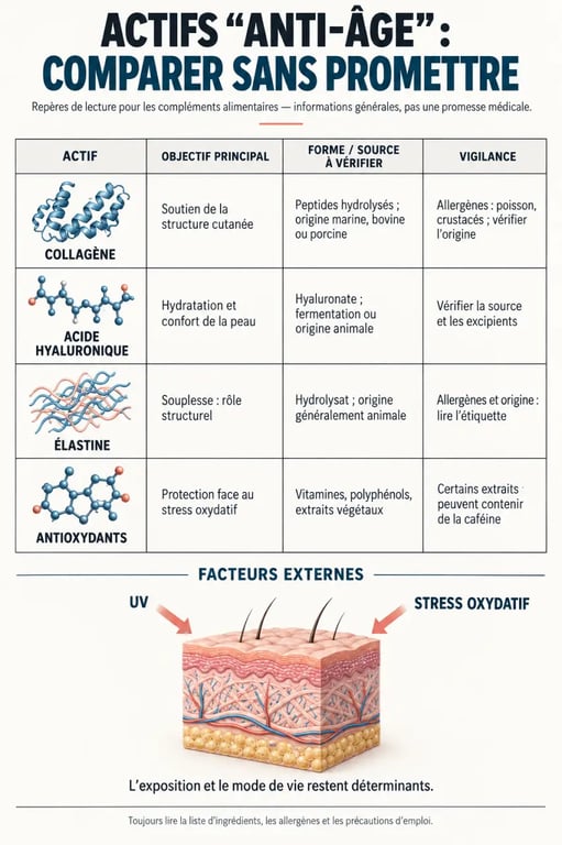 Infographie sur le complément alimentaire anti age et les actifs collagène, acide hyaluronique, élastine et antioxydants
