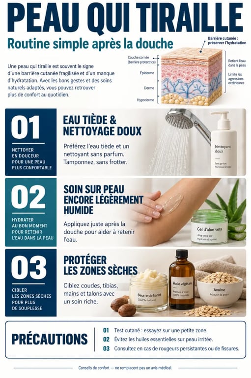 Infographie sur la peau qui tiraille et les remèdes naturels après la douche